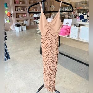 Elegant Tan Ruched Midi Dress